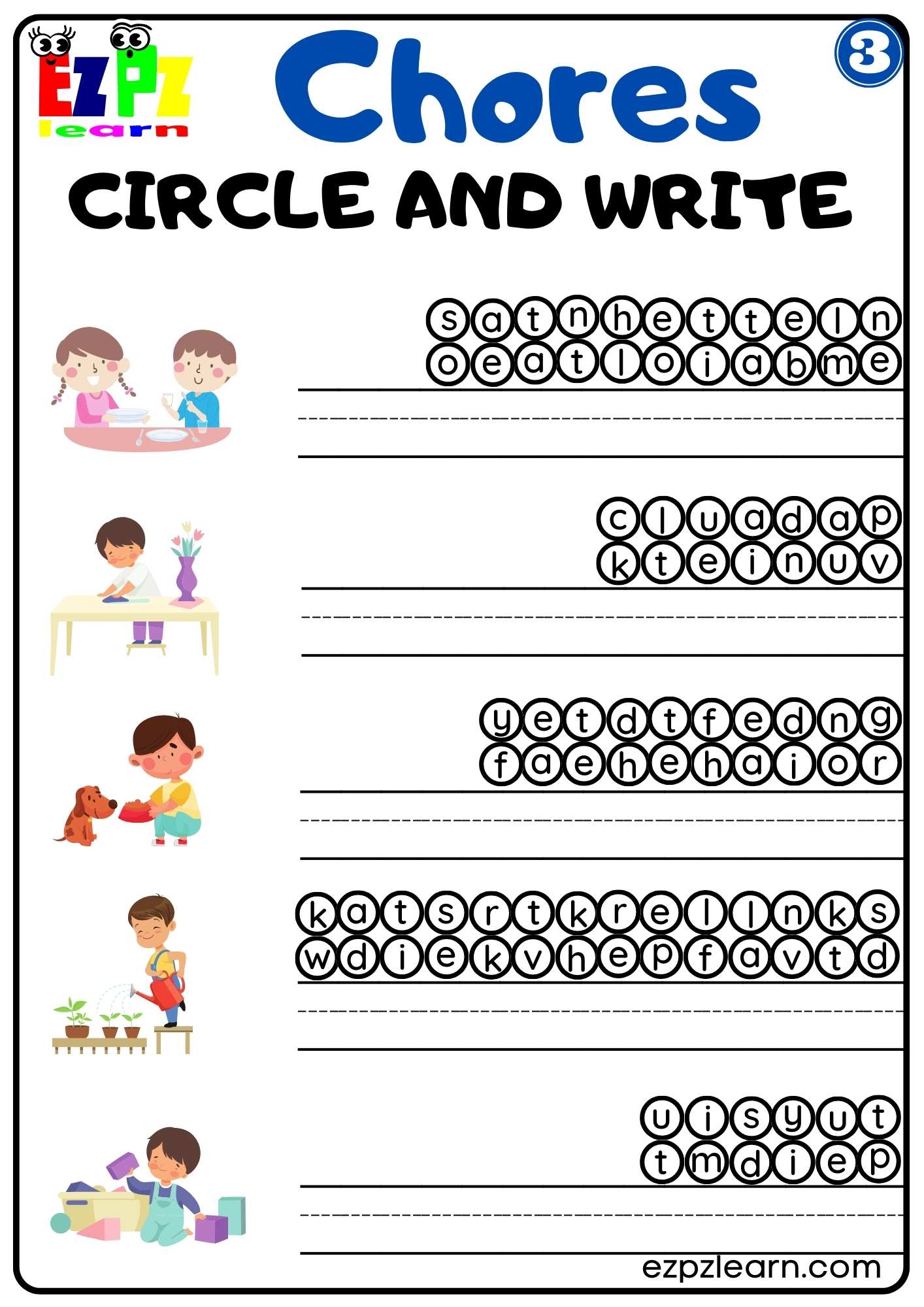 Circle and Write Worksheet Household Chores Vocabulary For ESL and K5 Students PDF Download Group 3